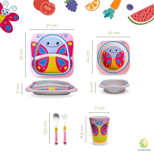 Kit Alimentação Infantil (5 itens) de fibra de bambu biodegradável: prato + pote + colher + garfo+ c