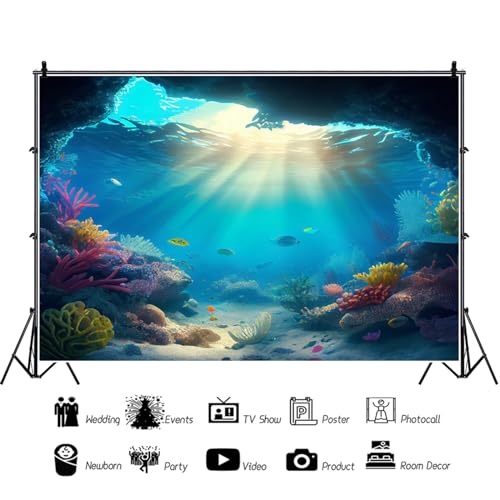 9x6ft Under The Sea Backdrop Underwater Blue Ocean Fish Coral Photography Background Kids Birthday Baby Shower Party Banner Cake Table Decorations Supplies Photo Booth Props