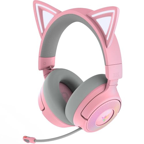 Razer Kraken Kitty V3 Pro - Casque Gaming sans Fil RGB Kitty - Oreilles de Chat réactives pour Le Streaming - Membrane Triforce 40 mm, Hyperspeed Wireless et Bluetooth, THX Spatial Audio | Quartz