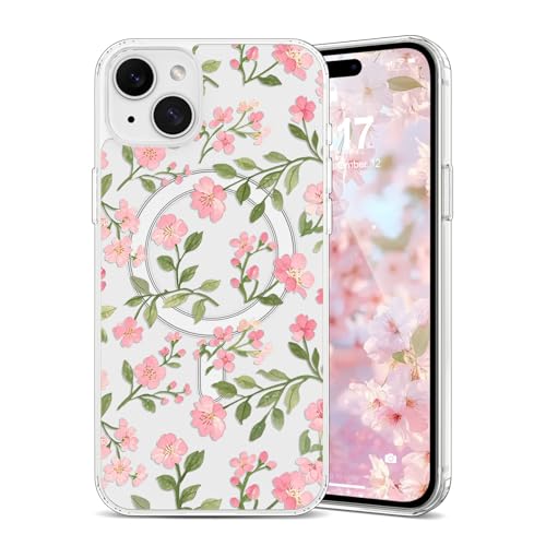 Étui iPhone 15 Magsafe transparent antichoc avec motif fleurs pour femme