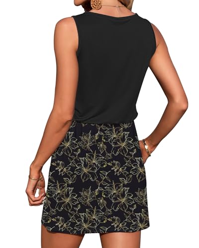 Image of AUSELILY Womens Summer Dress Casual Sleeveless Drawstring Short Dresses | Adjustable drawstring waist for a custom fit, plus 2 side pockets-perfect beach-to-street sundress