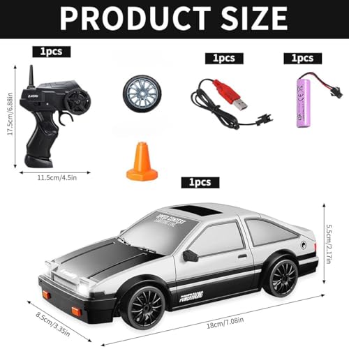 Image of Rc Drift Remote Control Car 1:24 Scale, High-Speed, 4Wd, Lights, Rechargeable Racing Car, Drifting Tires, 2.4Ghz, for Kids (RC Drift Car - White)