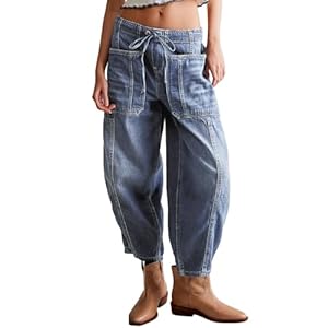 UNCLECAT Women’s Barrel Jeans Wide Leg Baggy Jean Elastic Low Rise Boyfriend Pants with Pockets