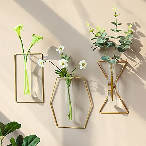 Lovecat Pack Of 2 Wall-Mounted Hydroponic Planters, Hanging Flower Vases, Home Decor Geometric Terrariums, Hydroponic Glass Containers With Gold Metal Frames #TOP6