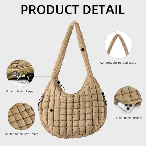 Image of Puffer Quilted Shoulder Bag Large Puffer Tote Bag for Women,Hobo Quilted Tote Bag Crossbody Shoulder Handbags Puff Purse