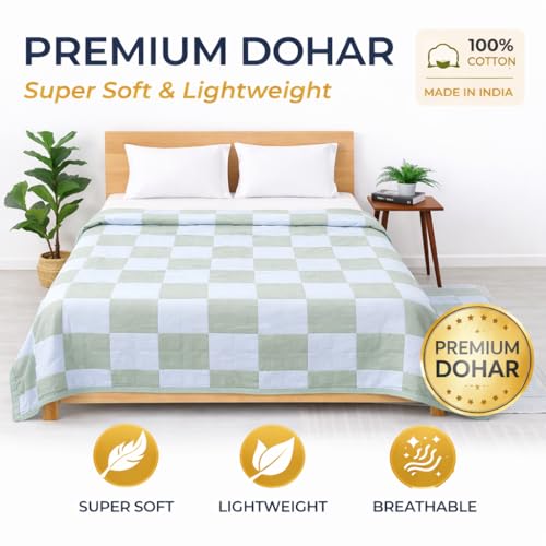 Image of Single Bed Dohar Sage Green Check | Lightweight Summer Quilt | Soft Microfiber AC Blanket | Breathable All Season Comforter | Skin Friendly Bed Cover