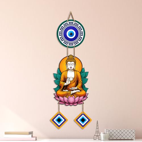 Image of Artvibes Buddha Lotus Meditation Wall Hanging with Evil Eye Charms | Spiritual Decor for Yoga & Prayer Spaces | Decorative Wooden Hanging Ornament for Living Room | Positive Energy Wall Art (WH 8598N)