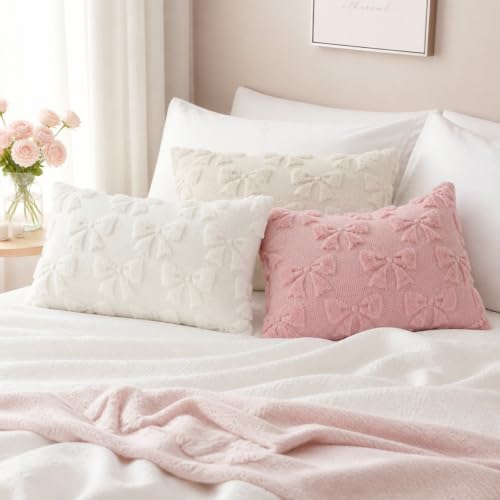 Image of decorUhome Beige Bow Pillow Covers Set of 2 Coquette Aesthetic Cute Preppy Plush Faux Pillowcases for Girly Bedroom or Couch 12x20 Inch