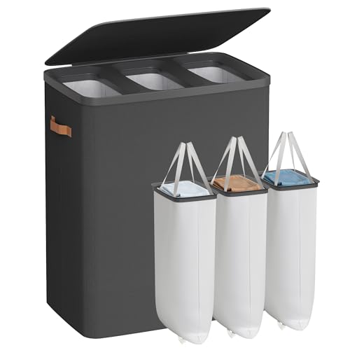 SONGMICS Panier à Linge, Corbeille à Linge Sale de 190 L, Montage Facile, avec Couvercle et Poignées, Sac Interne Amovible, 64 x 40 x 75 cm, Noir d'Encre LCB814BH01