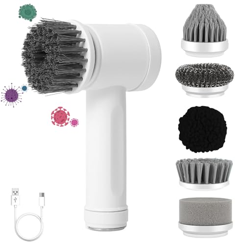 DSXVJHD Power Spin Scrubber, Cordless Electric Spin Scrubber, Waterproof Cleaning Brush Sonic Scrubber with 5 Replaceable Brush Heads, Handhold Cleaning Scrubber for Home, Kitchen, Bathroom, Cars