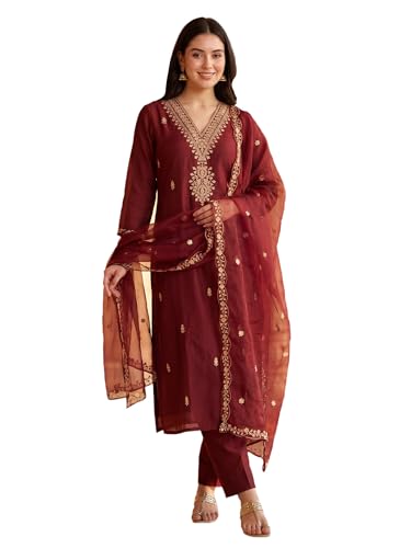Image of INDO ERA Women's Black Silk Blend Embroidered Mirror Work Kurta & Pant with Dupatta Set (IEDDAI484)