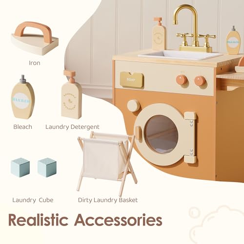 ROBUD Wooden Laundry Playset with Washer, Basket & Accessories, Caramel by ROBUD - Image 6