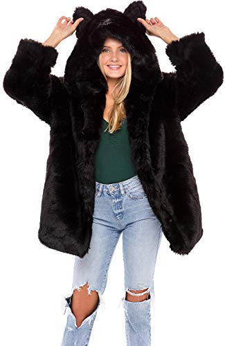 Alexander Del Rossa Women's Short Faux Fur Coat with Hood, Warm Plush Jacket, Medium Jaguar Black (A0200BLKMD)