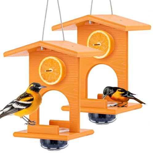 Gbekery Oriole Feeders for Outdoors Hanging All-in-One Recycled Plastic Oriole Feeder with A Removable Glass Cup Jelly or Jam Fruit Nectar or Seed for Orioles Orange 2 Pack