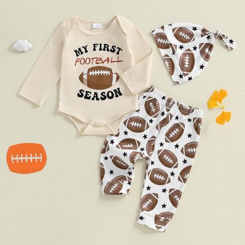 Newborn Baby Boy Football Clothes Letter Rugby Print Long Sleeve Romper Pants and Cap 3 Pcs Outfits Set4