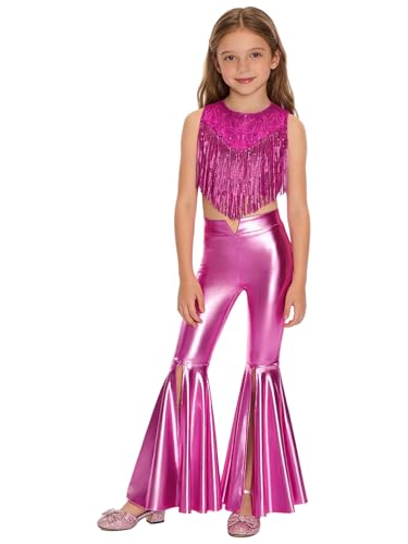 Costume disco 70s enfant fille : haut paillettes et pantalon patte d'éléphant violet
