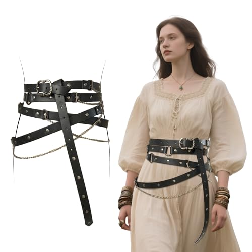 RAINDEWLL Renaissance Belt Women Pirate Medieval Ren Faire Adjustable PU Leather Chain Belt for LARP