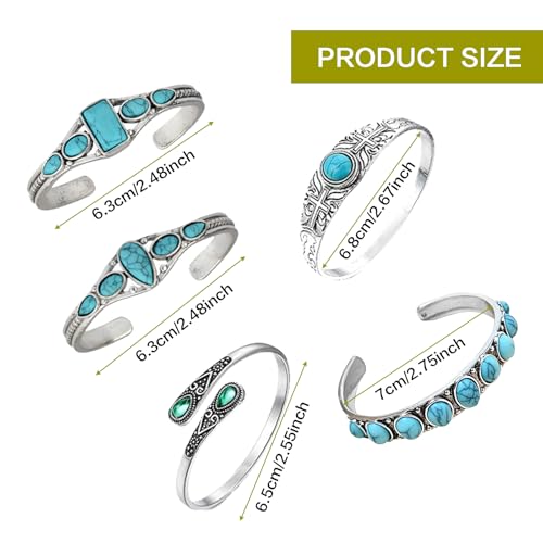 5Pcs Turquoise Bracelets Set for Women Turquoise Cuff Bracelets for Women Adjustable Silver Bangle Bracelets for Women Cowgirl Stackable Bracelets Boho Western Jewelry for Women2