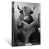 ZXHYWYM Lustige Schwarz Weiß Badezimmerdekoration Highland Kuh die auf der Toilette sitzt und Zeitungsbilder liest niedliche Tier Leinwanddrucke Kuh in der Toilette (Bild-4, (40.00 x 60.00 cms))