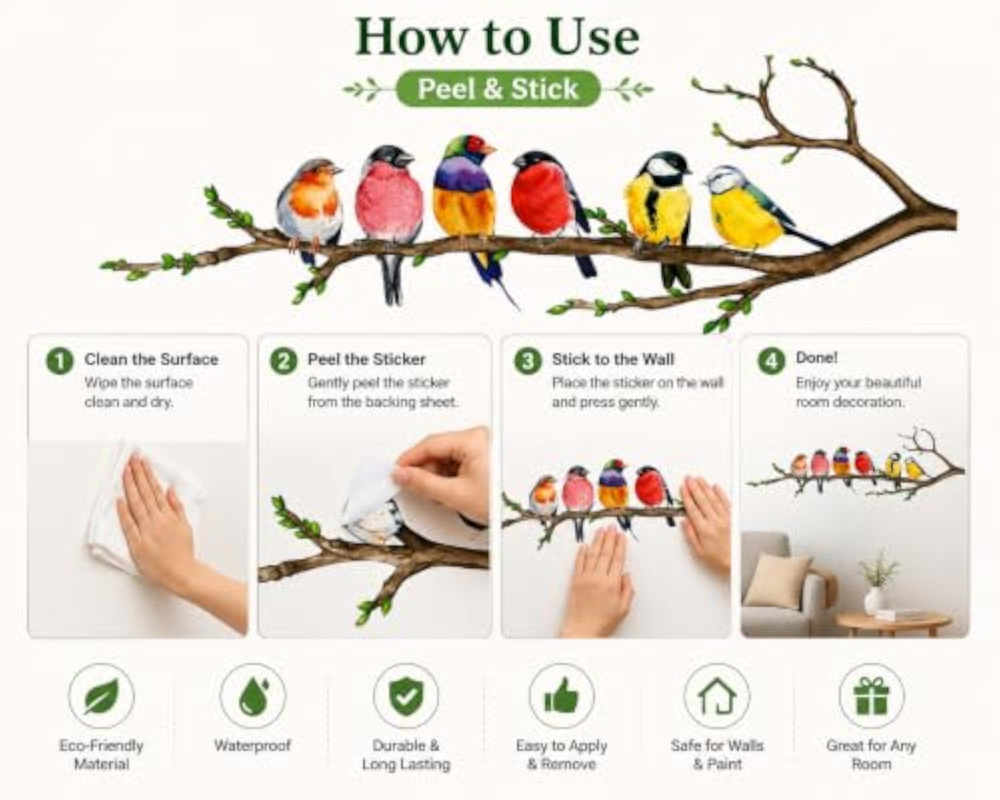 Colorful Birds on Tree Branch Wall Sticker