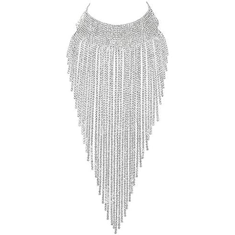 Flyonce Rhinestone Statement Necklace for Women, Tassel Bib Choker Collar Chunky Costume Jewelry Clear Cover