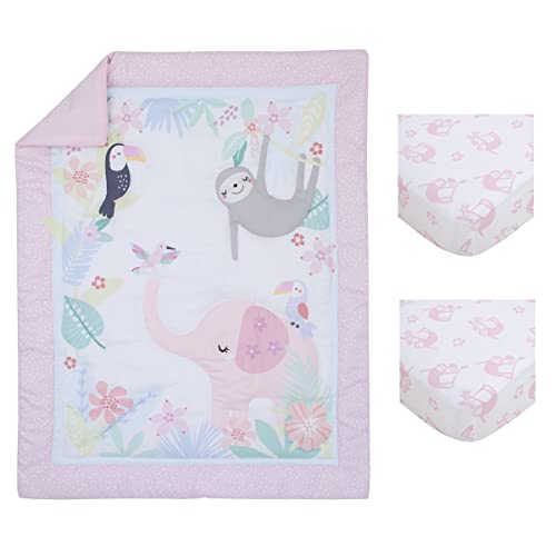 Image of Little Love by NoJo Tropical Garden Pink, Green, and White Jungle Animal 3 Piece Mini Crib Bedding Set - Comforter, Two Fitted Sheets
