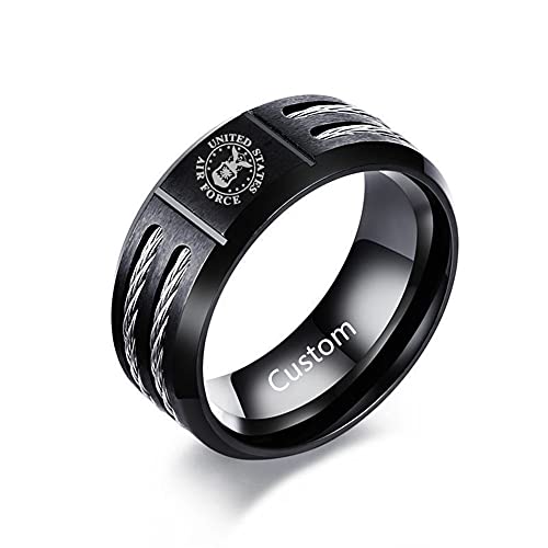 NineJewelry Personalized Stainless Steel Air Force/Army/Marine/Navy/Firefighter/Line Men Rings for Men Teens Boys,Custom Text Name ID Band Ring Military Bands,Wia Wire Design,9mm Width, Size 7-12