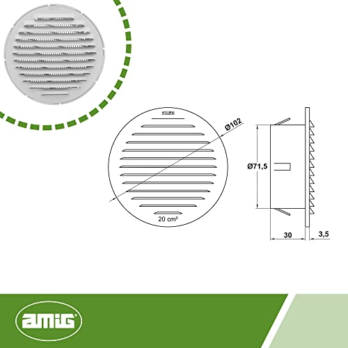 Miniatura 4 de Amig - Rejilla Redonda De Aluminio Con Mosquitera - Rejillas De Ventilación Para Salida De Aire - Ideal Para Techo De Cocina Y Baño - Diámetro Interior Ø8 Cm - Color Blanco