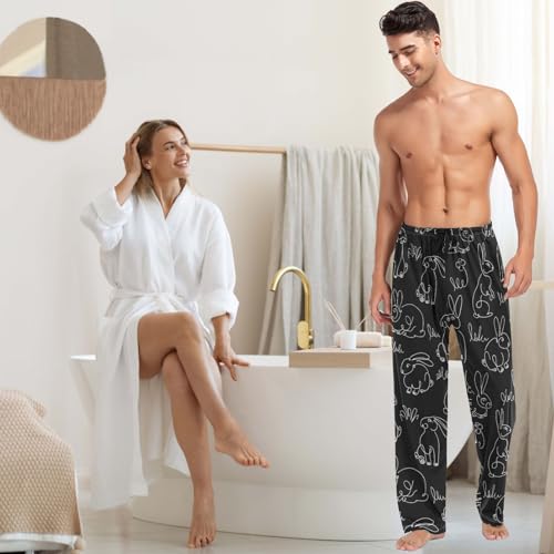 visesunny Mens Pajama Pants Easter Line Drawing Rabbit Black Cotton Men's Sleepwear Lounge Pants Lightweight Pajama Bottoms3