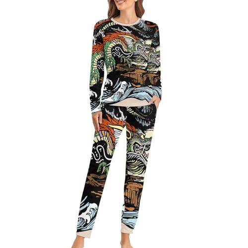 Ensemble de pyjama femme dragon avec t-shirt à manches longues et pantalon de nuit fluide