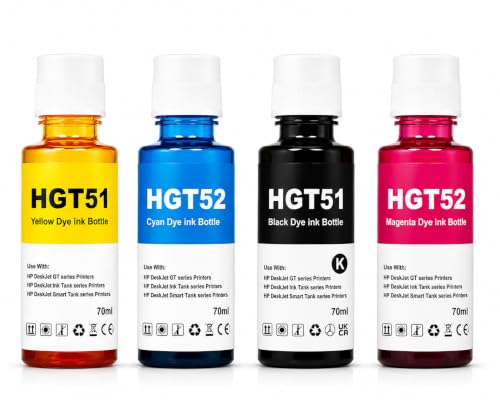 Image of ROHINK GT51 GT52 Ink Refill Dye Ink Compatible with HP Ink Tank 115, 310, 315, 319, 410, 415, 416, 419, 455, 500, 515, 530, 615, GT 5810, GT 5811, GT 5820 (70ml X 4color Set)