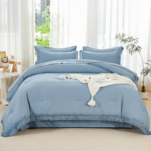 Image of Andency Oversized King Comforter Set with Sheets 120x120 Grayish Blue - 7 Pieces Boho Tassel Bed in a Bag Soft Lightweight Bedding Sets, Fringe Bed Set with Comforter, Sheets, Pillowcases & Shams