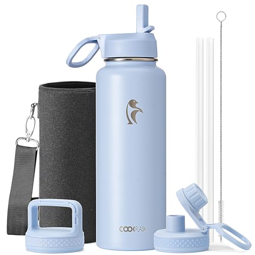 Image of Coolflask 40 oz Water Bottle Insulated with Straw & 3 Leakproof Lids