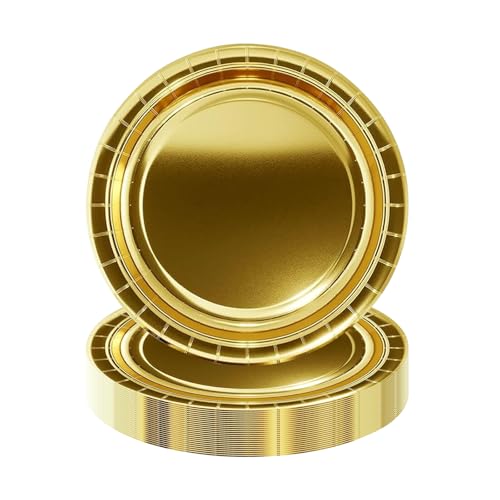HiEnjoin 50PCS Gold Paper Dessert Plates 7 Inch Disposable Gold Camping Cake Plates Birthday Party Plates for Holiday Picnic Birthday Wedding Graduation Independence Day Party Supplies