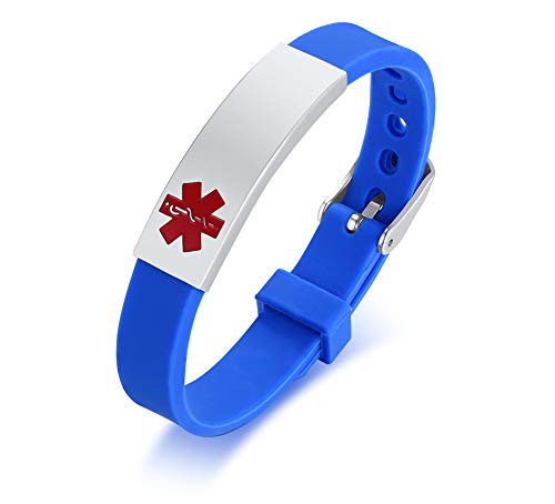 XUANPAI Free Custom Engraving Silicone Sport Medical Alert ID Bracelet Wristbands Size Adjustable,Blue