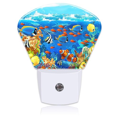 Image of Cartoon Underwater World Night Light for Kids, Tropical Fish LED Night Light Plug into Wall with Dusk to Dawn Sensor for Girls Boys Women Men Room, Hallway, Kitchen, Bathroom, Stairs Decor