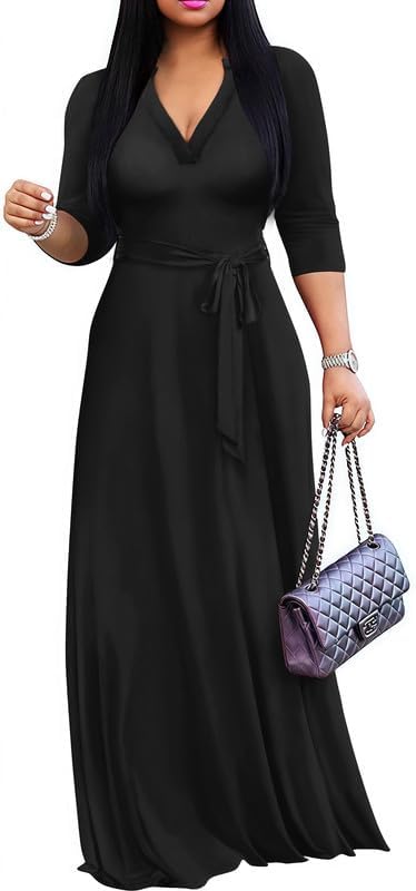 Elegant Church Maxi Dresses for Women Plus Size V-Neck 3/4 Sleeve Casual Fall Dress with Pockets