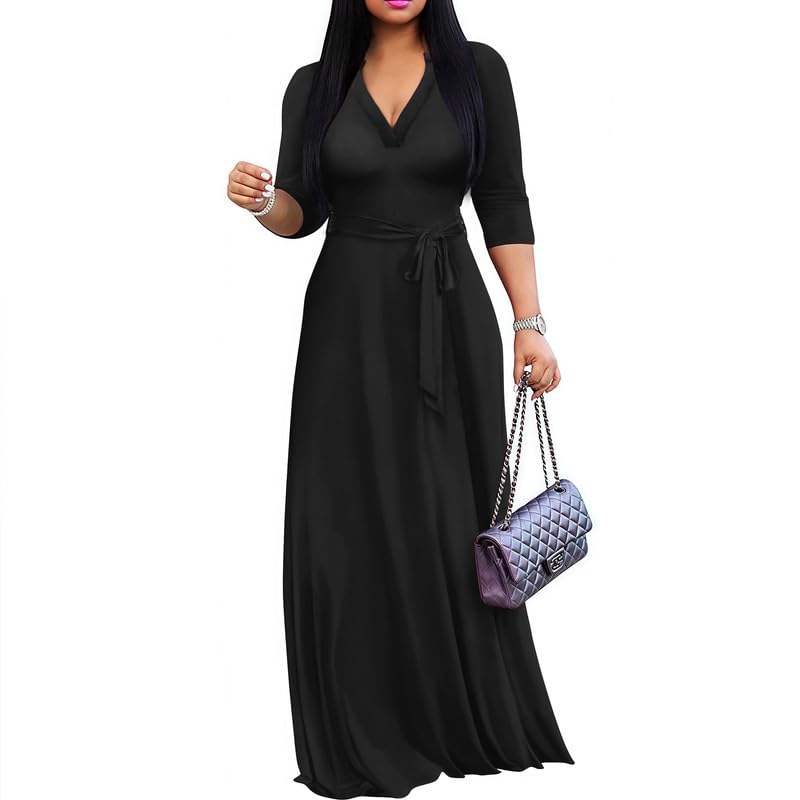Elegant Church Maxi Dresses for Women Plus Size V-Neck 3/4 Sleeve Casual Fall Dress with Pockets