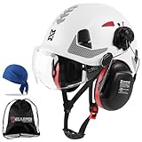 HEARMOR Schutzhelm mit Gehörschutz und Visier, EN 397 Zertifizierter Belüfteter Arbeitshelm, 6-Punkt-Aufhängung, Ideal für Industrie und Baugewerbe, Weiß