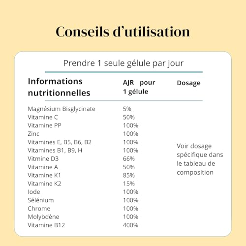 Multivitamines et minéraux (2 mois) - 20 Nutriments - Vitamines A, B, C, D3, E, K1 et H - Iode, Sélénium + Magnésium - Homme/Femme - Vegan - 60 gélules fabriquées en France - Argalys Essentiels – vue 7