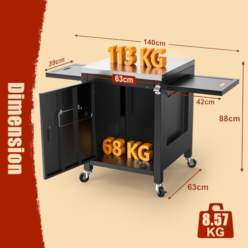 Denmay Grilltischwagen Outdoor Küchenwagen mit 2 klappbaren Seitentischen, Tragbarer Grillwagen für Onni Pizzaöfen, Grillständer für Ninja Woodfire und Weber Q Serie, Praktischer Gartenschrank
