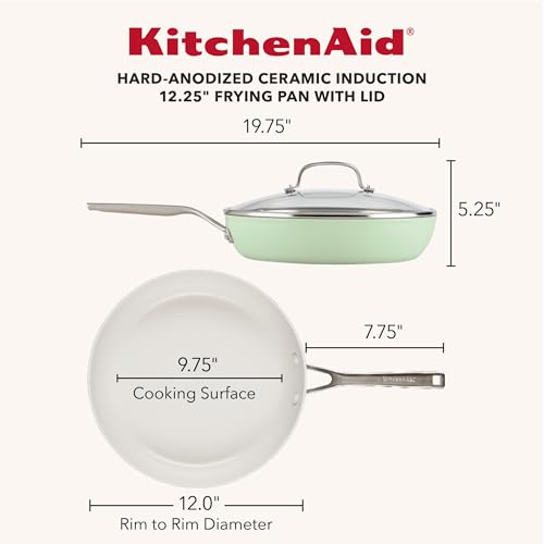 Image of KitchenAid Hard Anodized Ceramic Induction Nonstick Cookware Frying Pan /Skillet with Lid, Dishwasher Safe, 12.25 Inch Non Stick Fry Pan with Stainless Steel Handle - Pistachio