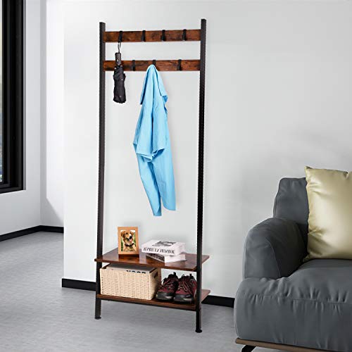 Wall-Leaning Ladder Shelves Coat Rack Hall Tree Entryway Shelf Shoe Rack Home Office Decor Wood Look Furniture with Metal Frame