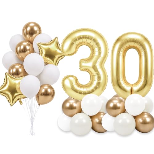 Image of PartyWoo Gold Number 30 Balloon 40 Inch 33pcs Metallic Gold Foil Star White
