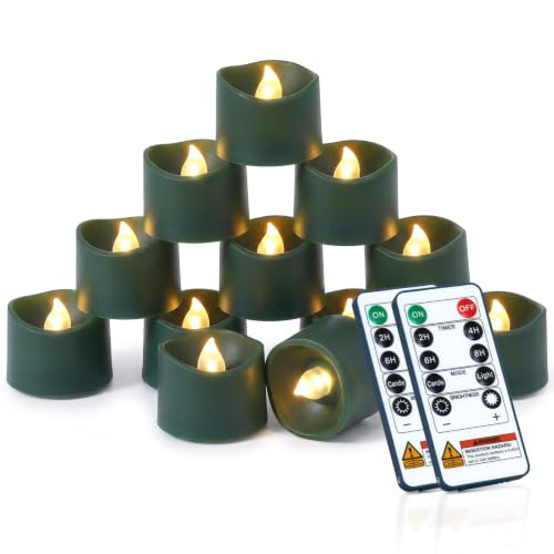 Image of Homemory 24-Pack Green Remote Flameless Battery Tea Light Candles, 400+ Hrs | 2 /4 /6 /8H Timer LED Flickering Tealight Votives for Christmas Trees, Holiday Greenery, Wedding Centerpieces and Floral Decor