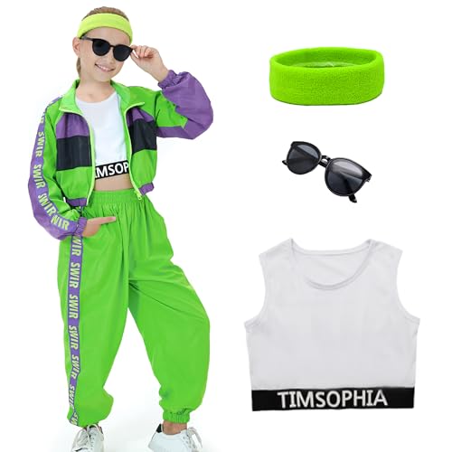 TIMSOPHIA Hip Hop Dance Costume for Girls, 5 Pcs 80s 90s Tracksuit for Kids, Modern Jazz Team Performance Outfit