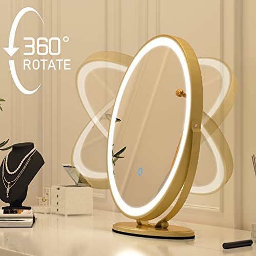 Vlsrka 20 Inch Makeup Mirror Vanity Mirror With 3 Color Lighting Modes, Touch Control Desk Mirror, 360° Rotatable, High-Definition Large Round Cosmetic Mirror, Gold #TOP3