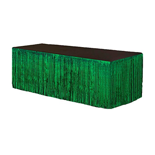 PMU Table Skirt Green Tinsel Foil 9 ft x 29 inches (1/Pkg) Pkg/1 Party Favor Supplies, Party Decoration Fringe Table Skirt, Tinsel Table Skirt, Metallic Table Skirt, Foil Fringe Table Skirt