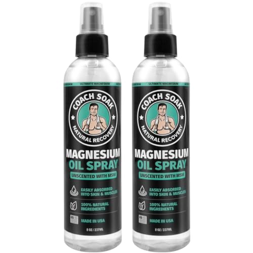 Coach Soak Magnesium Oil Spray with MSM for Extra Benefits - Unscented - Extra Magnesium Chloride Strength - 100% Pure Topical Magnesium Spray for Feet and Body - Made in USA (2-Pack, Total 16 Fl Oz)