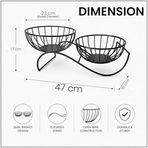 Image of Go Hooked Metal Dual Fruit Basket for Kitchen Counter & Dining Table | Decorative Wire Fruit Bowl with Curved Base | Multipurpose Storage Basket for Fruits, Bread, Snacks & Tabletop (L47xW18xH17) cm